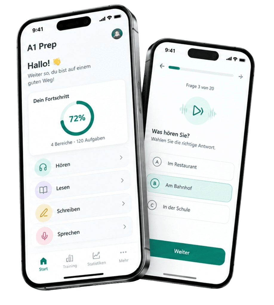 A1 Prep App Vorschau auf zwei Smartphones: Fortschrittsübersicht und Hörübung.